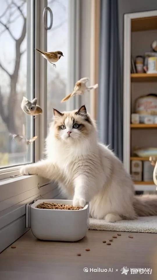 《豪华牢笼》

 全景 镜头缓缓扫过布置温馨的猫咪生活区域，智能猫窝、堆满各种猫咪零食的柜子依次入镜，展示豪华的生活环境 ，但是猫咪不开心，想出去追求自由

4  8s 轻柔的风声，舒缓音乐稍弱 by Hailuo AI Video Generator