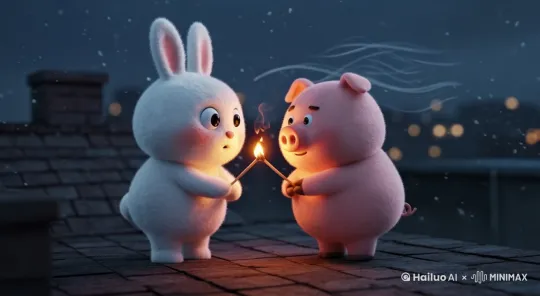 兔子和猪站在夜晚的楼顶，背景是巨大的东方明珠。兔子和小猪划燃火柴，被风吹面。兔子和猪都很紧张。兔子和猪再次划燃火柴，这次划着了。天空绽放烟花，兔子和小猪抱在一起，开心的笑。 by Hailuo AI Video Generator