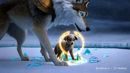根据需求，我将为这幅「守护者的风雪征程」主题插画进行视觉重构，以下是优化后的画面设计方案：

**动态构图**
1. 采用对角线黄金分割构图，成年狼以45度侧身顶风姿态占据画面2/3，幼狼在成年狼颈背交界处形成视觉焦点
2. 暴风雪呈现动态螺旋轨迹，成年狼鼻尖前方形成锥形无风区，雪花在距狼毛10cm处被无形气浪弹开
3. 幼狼前爪搭在成年狼立起的鬃毛上，后腿藏在成年狼背部的毛丛中，形成稳固三角支撑结构

**角色深化**
- 成年狼：
  - 眼部特写：冰蓝色虹膜外环绕金色光晕，倒映着前方隐约的极光
  - 肩部装备：磨损的皮质护甲镶嵌祖先獠牙，表面凝结着冰晶矩阵
  - 足部刻画：利爪每次落地时迸发蓝色能量波纹，在雪地形成发光爪印

- 幼狼：
  - 毛发动态：头顶呆毛呈问号状卷曲，耳尖绒毛沾染彩虹色雪粒
  - 守护印记：眉心月牙形胎记散发暖黄微光，形成直径20cm的球形温暖领域
  - 趣味细节：尾巴尖系着星空图案的蝴蝶结，随着张望动作不断变换星座投影

**超现实元素**
1. 成年狼呼出的白雾中悬浮着微型冰山幻象，记录着狼群迁徙历史
2. 幼狼视线焦点处，暴风雪中隐约浮现未来成年形态的透明虚影
3. 每片雪花内部都封存着记忆画面：成年狼教导幼狼捕猎、渡河、观星的温馨片段

**光影系统**
- 基础光源：暴风雪后方隐藏的冷青色极昼
- 情感光源：幼狼温暖领域产生的琥珀色光锥
- 神性光源：成年狼护甲獠牙发出的靛蓝脉冲光
- 特效光源：能量爪印的湖蓝残影

**材质表现**
1. 成年狼毛发：北极星光泽涂层，每根毛发中段有冰晶生长纹
2. 幼狼毛发：月光绒质感，毛尖带珍珠母贝反光效果
3. 暴风雪：钻石尘粒子与水晶薄片混合材质

**关键帧设计建议**
1. 镜头从幼狼视角推进，展现其眼中被温暖领域柔化的童话风雪世界
2. 俯拍镜头展现能量爪印组成的星图轨迹，暗示前行路线暗合北极星方位
3. 特写成年狼护甲时，獠牙上的冰晶矩阵浮现古狼群图腾投影

这幅画面通过现实与奇幻元素的碰撞，将「负重前行」转化为可见的能量流动，在残酷环境中构建出独属守护者的诗意宇宙。幼狼的温暖领域与成年狼的能量爪印形成守护闭环，诠释真正的强者温柔。
 by Hailuo AI Video Generator