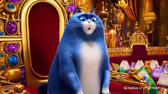 一只蓝色胖猫坐在王座上，对全体不同颜色的胖猫说：“由于麦当劳粮仓严重缺粮，我们开发了全新的技术，养殖麦当劳！并且，因基因变异，诞生了新的物种，汉堡王！！” by Hailuo AI Video Generator