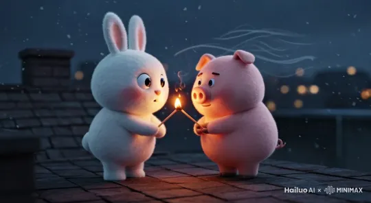 把图片的背景换成夜晚巨大的东方明珠。兔子和小猪划燃火柴，被风吹面。兔子和猪都很紧张。兔子和猪再次划燃火柴，这次划着了。天空绽放烟花，兔子和小猪抱在一起，开心的笑。 by Hailuo AI Video Generator