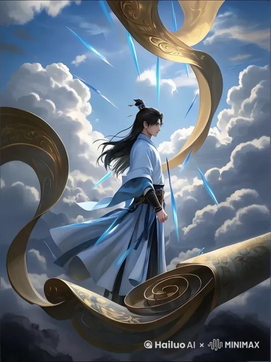 画面中的人物帅气转生，周围蓝色的针随着人物而动，云朵快速滚动，金色的飘带随风而动，人物镜头旋转拉进 by Hailuo AI Video Generator