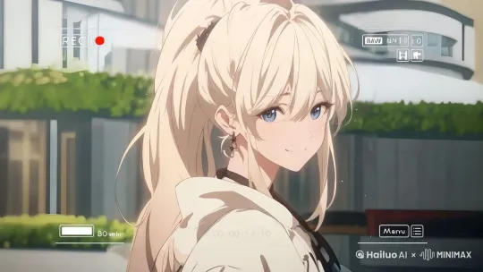 女孩睁眼，wink，微笑，发丝轻轻扬起，镜头逐渐清晰 by Hailuo AI Video Generator