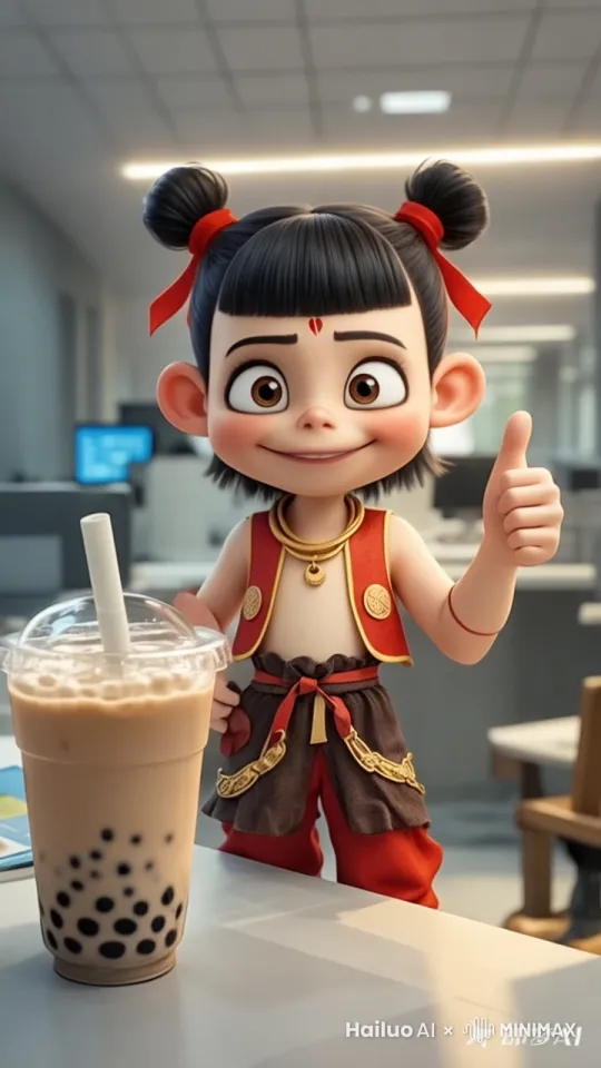 哪吒拿起桌子上的珍珠奶茶放入嘴巴吸起来，然后点点头，嘴里说着：珍珠奶茶真好喝 by Hailuo AI Video Generator