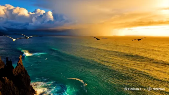 "4K cinematic masterpiece, dynamic aerial shot transitioning from cumulus clouds to turquoise ocean, [Camera specs: 24mm wide-angle f/2.8], flock of albatross gliding through golden hour light, slow-motion capture of crashing waves against basalt rocks, filmic color grading with warm tones, depth of field variations, National Geographic style" by Hailuo AI Video Generator