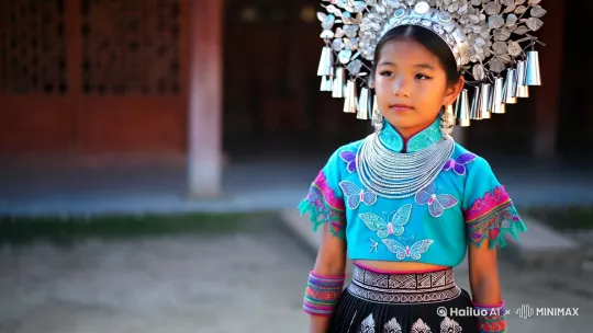 苗族少女、风格人像摄影，高对比的色彩、高品质、高清晰、大师级水平上身是青色短衣，绣着繁复的蝴蝶纹与飞鸟纹，领口、袖口镶彩色花边，下着黑色百褶裙，裙身绣有银色苗绣几何图案。头戴高耸银冠，银冠上垂着细密银片、银铃，佩戴多层银质项链与银手镯。 by Hailuo AI Video Generator