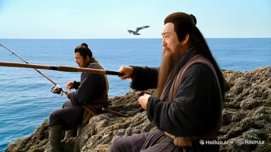 【远景】碧海蓝天，海鸥翱翔。太乙真人和哪吒坐在礁石上，一人一根鱼竿。

【近景】哪吒百无聊赖地晃着鱼竿："师父，这都两个时辰了，连条小鱼都没钓到！"

【特写】太乙真人捋着长须，一脸高深："徒儿莫急，钓鱼讲究的是心境..."

【中景】突然，哪吒的鱼竿猛地一沉。

【快速推近】哪吒兴奋地跳起来："上钩了！上钩了！"用力一拉——

【慢镜头】"哗啦！"水花四溅。

【全景】一条金光闪闪的...龙太子被拽出水面，在半空中划出一道优美的弧线。

【特写】龙太子一脸懵逼："谁这么大胆，敢钓本太子？！"

【快速切换】哪吒愣住的表情："咦？怎么钓上来个活人？"

【中景】太乙真人扶额："徒儿啊，为师让你用普通鱼饵，你非要用仙丹..."

【特写】龙太子看清眼前人，眼睛一亮："原来是哪吒兄弟！你这是..."

【快速切换】哪吒尴尬挠头："误会误会，我以为是条大鱼..."

【中景】龙太子眼珠一转，突然笑了："不如咱们玩个游戏？我变成大鱼，你钓我，看谁厉害！"

【快速推近】太乙真人伸手想阻止："等等..."

【慢镜头】龙太子已经变成一条巨大的金龙，"扑通"一声扎进海里。

【全景】哪吒来劲了，掏出混天绫当鱼线，乾坤圈做鱼钩，风火轮当浮漂...

【特写】太乙真人看得直摇头："这哪是钓鱼，这是要掀翻东海啊..."

【俯拍】哪吒一甩竿，整个海面都翻腾起来。

【快速切换】鱼虾蟹将纷纷逃窜的滑稽场面。

【晃动镜头】东海龙王的水晶宫晃了三晃。

【中景】龙太子变成的金龙被钓得晕头转向："停停停！我认输！"

【特写】哪吒得意洋洋："怎么样，服不服？"

【全景】东海龙王怒气冲冲地浮出水面："谁在闹事？！"

【快速切换】太乙真人赶紧上前打圆场："误会误会..."

【特写】龙王一看是哪吒，顿时头大："又是你！"

【远景】夕阳西下，海面上回荡着欢声笑语。太乙真人看着玩得不亦乐乎的两人，无奈地笑了。

【画外音】"这哪是钓鱼，分明是钓来了个麻烦精啊..." by Hailuo AI Video Generator