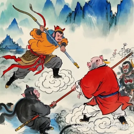 图中孙悟空和猪八戒打起来，打的昏天黑地。 by Hailuo AI Video Generator