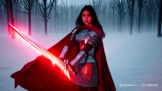 A young woman stands tall in a snowy forest, her presence commanding attention. She grips a large sword, its long, pointed blade glowing with a fierce red light, casting an eerie reflection across the surrounding snow. The woman’s medieval-style armor is intricately designed, with layers of metal plates, each etched with detailed patterns that catch the dim light of the overcast sky. Her red cape flows behind her, the fabric rippling in the cold wind, adding a dramatic flair to her silhouette. Her long, dark hair cascades down her back, partially swaying with the breeze.
The forest around her is silent, with tall, barren trees towering overhead, their skeletal branches reaching out like gnarled hands. The thick snow beneath her feet is undisturbed, a pristine layer that contrasts with the intensity of her stance. The atmosphere is heavy with mystery, as if the woman has stepped into this desolate place with a purpose. The camera angle captures her from the front, focusing on her determined expression, the glowing sword, and the stark contrast of her red cape against the bleak, white landscape. The soft light from the red blade flickers, casting fleeting shadows across the snow-covered ground, heightening the scene’s ominous aura. by Hailuo AI Video Generator
