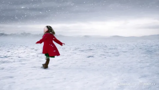 一个小女孩在雪地里跳舞，雪里蹦出个大灰狼。 by Hailuo AI Video Generator