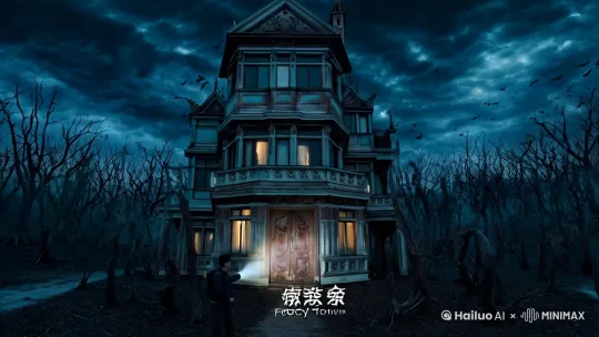 【开场】00:00-00:30
镜头：全景俯拍（无人机视角）
画面：阴云密布的夜空下，枯树林环绕的维多利亚风格老宅，镜头缓缓推进至斑驳的正门
音效：低频环境音+乌鸦叫声+木质结构吱呀声
字幕浮现：1997年·雾隐镇

【第一幕】00:30-02:00
镜头：手持镜头跟随视角
画面：林宇（25岁，背包系着户外应急灯）跨过生锈铁门，手电筒光束扫过玄关处破碎的家族肖像画
细节：相框右下角有暗红色污渍，画中女子颈部戴着银链十字架
音效：踩碎玻璃声（突然）+ 远处木地板吱呀声（渐强）

【第二幕】02:00-04:15
镜头：主观视角+特写交替
画面：
1. 手电光束扫过虫蛀的丝绸窗帘（特写飞散的蛾粉）
2. 突然推近的壁炉内焦黑玩偶特写（眼眶残留玻璃眼球）
3. 楼梯转角处飘过的白影（0.5秒闪现）
音效：心跳声逐渐加快+高频耳鸣声渐入

【第三幕】04:15-06:30（高潮段落）
镜头：长镜头+快速切换
画面序列：
1. 梳妆台镜面涟漪特效（如同水面波动）
2. 镜中女鬼浮现时，背景墙纸纹路扭曲成手掌形状
3. 林宇瞳孔倒影中闪现多个重叠鬼影
4. 挣扎时掉落的手电筒滚动光束（地面显现血字"救救我"）
音效：突然静默后爆发的尖锐笑声（立体声环绕处理）

【第四幕】06:30-07:45
镜头：动态模糊+倾斜构图
画面：
1. 林宇狂奔时背后走廊墙壁渗出黑色液体
2. 大门关闭瞬间，门缝可见女鬼的婚戒反光
3. 黎明光线下，老宅阁楼窗口白影凝视（0.3秒闪现）
音效：逐渐远去的狗吠声混入救护车警笛

【尾声】07:45-08:30
镜头：监控录像风格
画面：病房电视雪花屏突然显示老宅内部影像，梳妆台抽屉自动打开，露出带血日记本
细节：林宇输液的右手腕浮现淡青色指痕
字幕：三个月后...（老宅拆除现场，工人从地基挖出刻有符文的铁盒）

【片尾悬疑】08:30-09:00
画面：黑屏后突然亮起
特写：林宇家中，当年手电筒微光映出梳妆台镜框反光——他背后衣柜门缓缓打开
音效：指甲划过木头的刮擦声（持续至片尾字幕结束）

隐藏线索：
1. 女鬼出现的梳妆台抽屉始终留有2cm缝隙
2. 林宇逃跑时被扯断的项链特写（与肖像画中女子所戴款式相同）
3. 每个房间的时钟都停在2:17am by Hailuo AI Video Generator