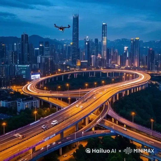 车流开动，无人机视角，画面旋转360度，旋转过程中，无人机视角向前推 by Hailuo AI Video Generator
