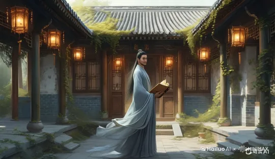 镜头从最高向下移动，把地方把这个全部的场景展示一下，下来落到这个卡通人物身上。画面中的人物推开大门儿走了进去，然后走到一个阁楼门前，阁楼的门儿上面写着“每日一问”四个字。 by Hailuo AI Video Generator