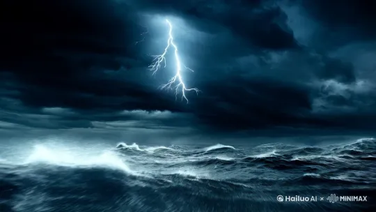 A dark scene, a bolt of lightning streaks across, illuminating the rough and tumble sea. Then the movie title "Survivor at Sea" emerges in a dilapidated, seawater - eroded font. The lightning briefly lights up the waves which are huge and menacing. The sea seems to go on forever into the darkness. There are flecks of white foam on the waves, and the overall color palette is dark blues and grays.|A quick zoom - in on the lightning strike, then a slow pan down to reveal the emerging title.Real restoration of the main reference characters, 8K HD effect. by Hailuo AI Video Generator
