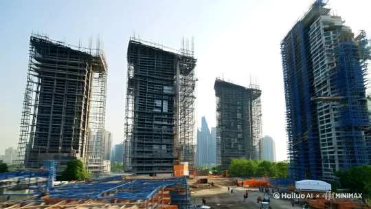 [推进,上升]在一个工地上，有5幢建筑，[右移,跟随]其中正在建设的一幢是钢结构主体，[上摇]迎面能看到的是一台汽吊吊着一支钢柱两个工人在安装，[下摇]下面有一个指挥和安全员，地面还有2个工人在做吊装下一支的准备[上升] by Hailuo AI Video Generator