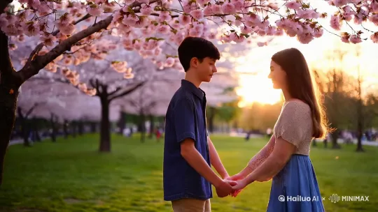 一对年轻的情侣在春天的公园里手牵手散步，夕阳的余晖洒在他们身上，樱花树下男孩轻轻拥抱女孩 by Hailuo AI Video Generator