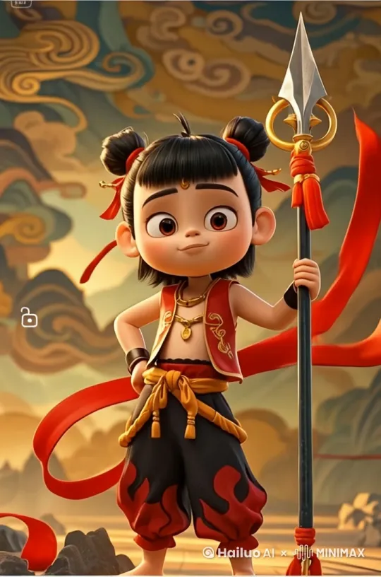 哪吒在大海里骑着敖丙，破浪，手握火尖枪，紧紧盯着前方， by Hailuo AI Video Generator