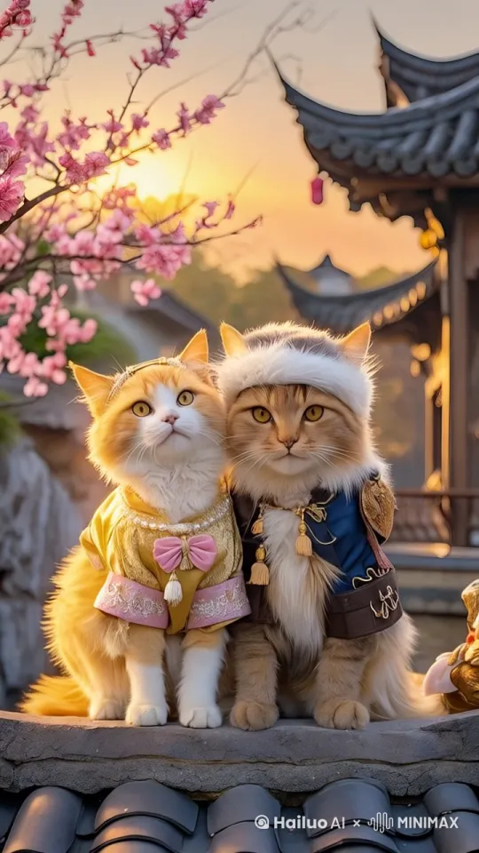 固定镜头两只猫咪在开心的蹭头，桃花树微微晃动，2秒出现特效桃花花瓣组成的爱心图案，把两只猫咪圈在爱心中间。 by Hailuo AI Video Generator