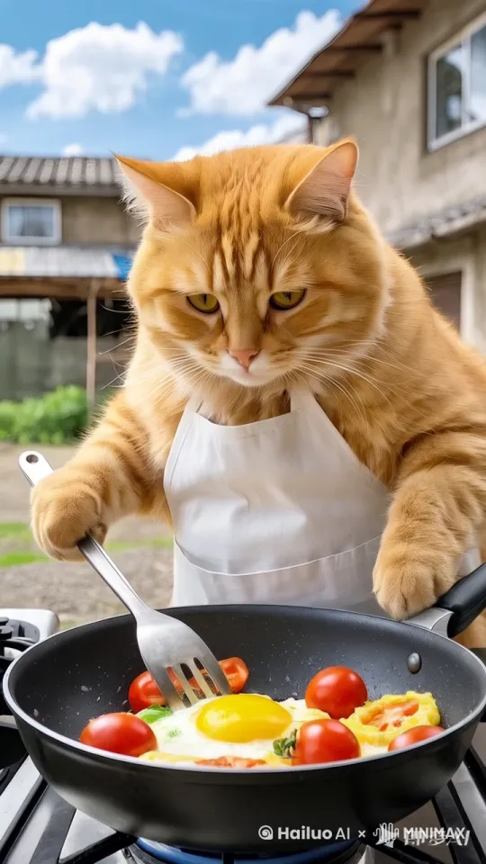 橘猫爪子以流畅的熟练的翻炒食材，每2秒完成一次完整的翻炒动作。

猫厨师表情专注，耳朵随翻炒节奏抖动。 by Hailuo AI Video Generator