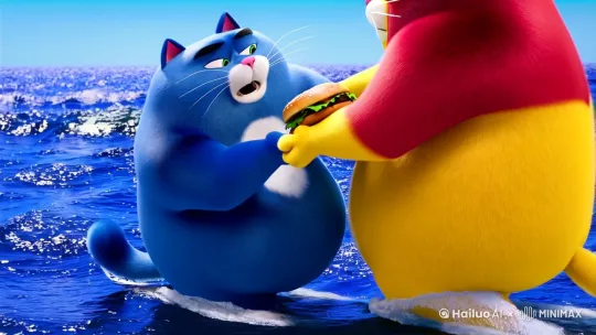 一个胖蓝猫人和一个胖黄猫人在海洋里争夺汉堡包 by Hailuo AI Video Generator