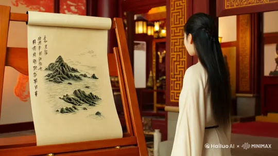 她转头看向故宫文物修复室内，破损的《千里江山图》卷轴突然悬浮，墨色化作玄鸟群飞向液晶屏幕 by Hailuo AI Video Generator