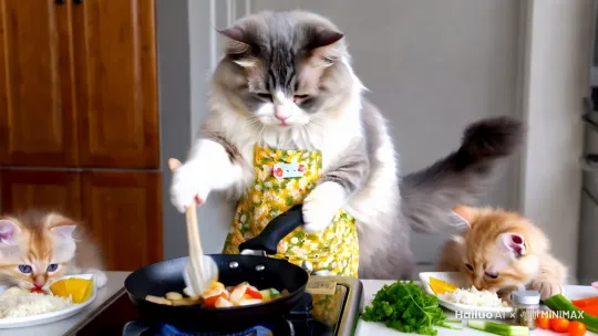 一只毛茸茸的猫咪，戴着一条小巧的花围裙，它正站在厨房的灶台前，专注地用一只小锅铲翻炒着锅里的饭。猫咪的脸上洋溢着满足和快乐的笑容，尾巴轻轻摇摆，饭桌旁还有两只毛茸茸的小猫咪坐在桌前吃着饭厨房的台面上散落着一些切好的蔬菜和调料，整个场景充满了温馨和趣味。 by Hailuo AI Video Generator