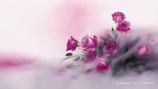 帮我生成一张图片:淡雅色调调和,朦胧晕染氛围,柔和色彩渐变的过渡,纸本设色风格。背景是纯白纸张,柔和的淡粉色和浅紫色渐变晕染,氤氲的雾气中,一枝玫瑰的花瓣渐渐凋落,画面充满水墨的颗粒感和流体感。大面积的写意晕染与浓雾的结合展现了浪漫的意境,整体画面散发着柔情与温暖,仿佛描绘了一段爱意消散的时刻。图片风格为水溶彩铅,比例 3:4。花束的花瓣化作飞舞的小鸟,象征自由的爱情,绿色背景,极简,大面积留白,高级审美,中国画,晕染,水墨泼洒,大师级构图。比例 9:16。 by Hailuo AI Video Generator