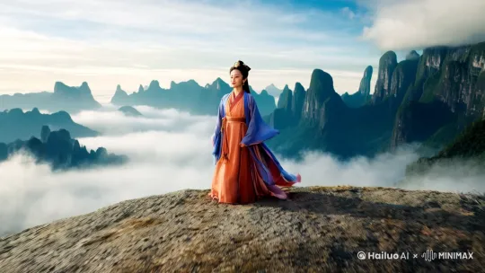 [推进]中国古代美女，站在山顶，转身[跟随]在云层上面高速飞行。 by Hailuo AI Video Generator