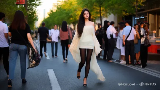 美女穿着无肩汉服，黑丝袜，高跟鞋，走在闹市的街道上，头发微微飘动，眨着眼睛，周围很多路人扭头看向美女 by Hailuo AI Video Generator