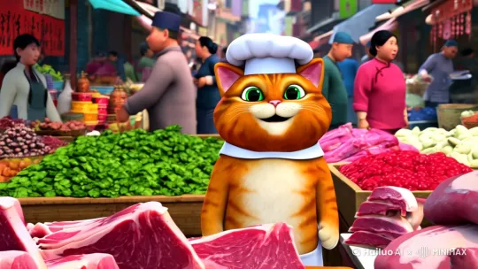 拟人化橘猫，头戴厨师帽，满脸笑容卖肉，面前摆放着各类新鲜牛肉，背景是热闹的传统菜市场，色彩鲜艳，充满生活气息，电影质感 by Hailuo AI Video Generator