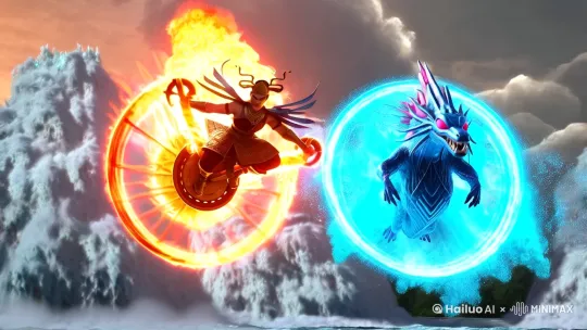 ### **分镜1：冰火兄弟高燃开场**
**提示词**：  
"Wide angle cinematic shot, Nezha riding flaming wind火轮 alongside Ao Bing's ice dragon, tsunami waves crashing with fire and ice collision特效, dynamic lighting, traditional Chinese ink painting clouds in background, 8k hyper-detailed, epic battle scene from Chinese mythology, trending on artstation"  
**关键参数**：  
镜头运动：Slow zoom out from Nezha's flaming eyes  
风格参考：Mix of《魔童降世》×《蜘蛛侠平行宇宙》色彩爆炸效果  
特殊要求：Add glowing粒子特效 around weapons  

---

### **分镜2：自拍杆网络梗互动**
**提示词**：  
"Close-up shot, Nezha holding混天绫变成的自拍杆（red silk selfie stick）, cheeky smile while Ao Bing in background frozen in ice block with helpless expression, modern smartphone floating in mid-air showing '666' live stream comments, anime comedy style, vibrant colors"  
**关键参数**：  
镜头角度：Dutch tilt角度增强喜剧感  
特效需求：手机屏需显示"老铁们礼物刷起来"弹幕  
表情控制：Nezha眨眼wink，敖丙翻白眼  

---

### **分镜3：冰火合体技高光时刻**
**提示词**：  
"Slow motion fighting scene, Nezha and Ao Bing back-to-back combining fire and ice magic into spiral energy blast, ink effect energy waves, cinematic lighting with golden hour glow, Unreal Engine 5 realism, dynamic camera circling around characters"  
**关键参数**：  
必加元素：两人手腕上有发光兄弟手链（冰蓝+火红）  
物理效果：冰火交融时产生蒸汽粒子特效  

---

### **分镜4：海底捞片尾彩蛋**
**提示词**：  
"Happy ending cartoon style, Nezha and Ao Bing eating hotpot in海底龙宫, comical scene with shrimp soldiers bringing dishes, Ao Bing using ice magic to cool beer, Nezha's cheeky表情包脸, bright pastel colors with soft lighting"  
**关键参数**：  
细节要求：火锅汤底要半冰半火鸳鸯锅  
背景彩蛋：龙王躲在柱子后偷看（生气脸emoji特效）  

---

### **全片生成优化技巧**：
1. **节奏控制**：每段提示词生成5-8秒视频，用剪辑软件加速动作戏（120%）、放慢情感镜头（80%）  
2. **风格统一**：在所有提示词末尾固定添加"Chinese anime style, trending on Douyin, cinematic contrast 1.2" by Hailuo AI Video Generator