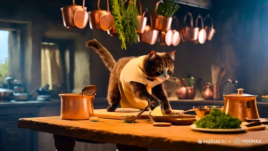 一只猫在做饭 by Hailuo AI Video Generator