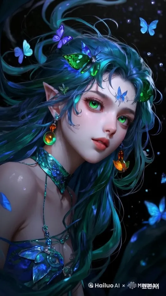真人,3D,逼真,纯黑背景,绝美容颜,混血儿,绿玻璃美瞳,大眼睛,长睫毛,脸上有蝴蝶亮片,美杜莎仰着头,透明水质感流体状态的深蓝色头发随风飘动,好多小鱼藏在头发里面,神奇,透明流体,飘动,飘逸,美丽精致的水,抽象,荒诞,超现实主义,壁纸,8k,CG, by Hailuo AI Video Generator