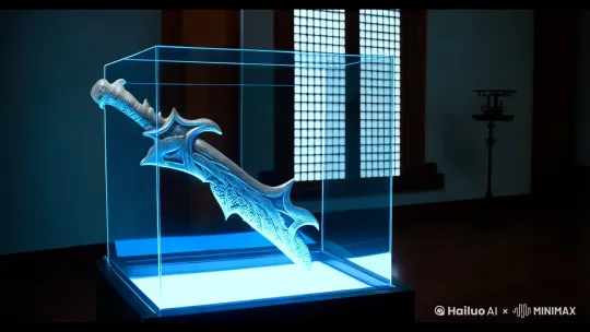 【博物馆古剑·180°环绕展示】  
这把古代龙魂剑，静静地躺在博物馆中，剑鞘散发着微弱的蓝光，红蓝灵气微粒如星尘般漂浮。聚光灯下，银丝纹理与古老符文清晰可见，仿佛在诉说着千年前的传奇。180°环绕视角，带你近距离感受这份灵性与威严。半空飘着一位穿着红色古装华丽汉服的银发美女是该剑的剑灵， 守护着这把宝剑。[左移,右摇,跟随]
 by Hailuo AI Video Generator
