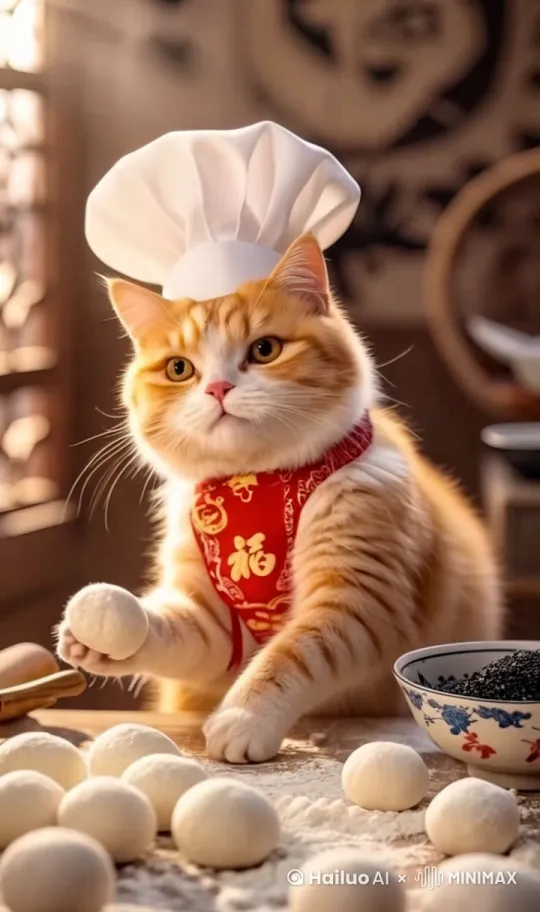 帮我生成一张图片：橋猫毛茸茸前爪特写，肉垫呈嫩粉色半透明质感，爪缝溢出白色糯米团，绒毛挂着晶莹面粉颗粒，爪腕系着红色细绳铃铛][场景]:[复古木质案板，洒落不规则面团碎屑，背景虚化的青花瓷碗盛黑芝麻馅，左侧入镜半截毛笔字食谱(焦点模糊)[光影]:[左侧45o柔光模拟窗棂光影，肉垫呈现琥珀色透光效果，面粉颗粒产生丁达尔效应，暖金色调中式厨房][画质]:[8K超清微距摄影，绒毛根根分明，糯米团黏连拉丝效果，比例 9:16。 by Hailuo AI Video Generator