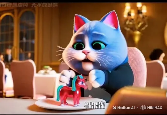 月半猫想吃果冻马，但是伙伴火半猫来救马，于是月半猫直接拿出了所有胖猫最爱吃的汉堡，火半猫直接吃下了，发现居然不是麦当劳汉堡而是华莱士汉堡，直接坠机，月半猫直接笑嘻嘻！ by Hailuo AI Video Generator