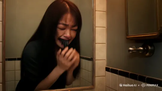 在阴沉的洗手间镜子前，女人掩面哭泣，非常伤心，镜子里透露着她痛苦又悲伤的样子，但渐渐的，她望向镜中的女人，停止了哭，并裂开诡异的笑，露出了黑黢黢的獠牙 by Hailuo AI Video Generator