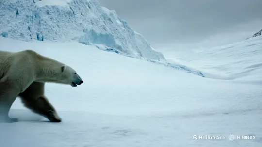 文生视频prompt：一个强壮的北极熊在北极冰川的雪山上狩猎，发现一艘现代化战舰锈迹斑斑的被卡在海拔5000米，白雪覆盖的山洞口。 by Hailuo AI Video Generator