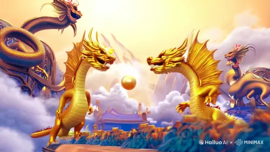 帮我设计一个双龙戏珠的场景动画，龙是金色发光，场景要大气震撼，同时包含中国元素，时长10秒左右[左移,右摇,跟随] by Hailuo AI Video Generator