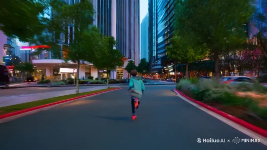 现代都市的街道 镜头首先在左前方跟随一个奔跑的男孩在行道树间穿梭 周围的建筑物在不断移动   镜头快速右摇 捕捉到另一个少年紧随其后 少年挥舞荧光棒 将街道上的广告牌映照出绚丽的色彩  繁华的城市景象在背景中模糊成一片流动的光影  男孩与少年的动作显得异常急促和紧张 by Hailuo AI Video Generator