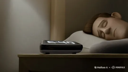 昏暗的房间内，一个男人正在睡觉。旁边的床头柜放着黑色闹铃，闹铃样式为电子数字显示闹铃。镜头给到闹铃特写。突然闹铃响了，时间显示早上6:40。镜头向后拉，右转到男人脸上，男人闭着眼睛熟练的关闭闹铃，刚想转身继续睡，然而突然像想到了什么，直接惊坐起。整体采用3D皮克斯动画风格 by Hailuo AI Video Generator