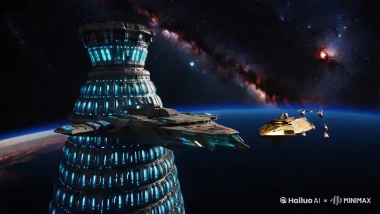 浩瀚的银河帷幕下，人类文明铸就的钢铁星座正吞吐着星辰的光芒。距地球同步轨道十二万公里处，由三十八组环形舱段咬合而成的泰坦级太空堡垒如同蛰伏的金属巨兽，纳米复合装甲表面流淌着淡蓝色护盾涟漪，数以千计的炮台阵列在永夜中闪烁冷光。

巨型空间门在堡垒正前方展开六边形能量矩阵，每道边长都超过帝国大厦高度。量子涟漪在门框内泛起翡翠色波纹，一艘流线型星际货舰正从扭曲的时空泡中缓缓析出，船体因维度跃迁泛着熔金般的光泽。十二架护航机甲展开蜂巢式防护力场，离子引擎在深空拖曳出彗尾似的幽蓝轨迹。

穿梭机群在钢铁丛林间编织光之蛛网：棱角分明的军用巡洋舰腹舱吞吐着无人机蜂群；球型生态舱的透明穹顶内摇曳着外星植被的荧光；装备引力锚的工程舰正在为新生空间站嫁接能源中枢。当殖民舰队的曲速环开始充能时，整片星域都被染成了克莱因蓝的渐变色。 by Hailuo AI Video Generator
