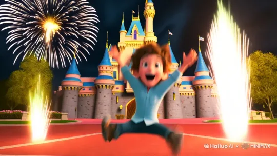A boy jumps up from the front of the Disney Castle. Fireworks are set off in the background. Panorama. Pixar 3D animation style. Realistic lighting rendering. by Hailuo AI Video Generator