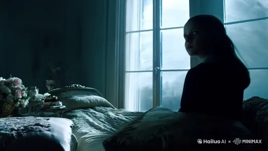一个女生坐在床上看着窗外，镜头正对着窗外，外面风很大，女生下床关了窗户 by Hailuo AI Video Generator