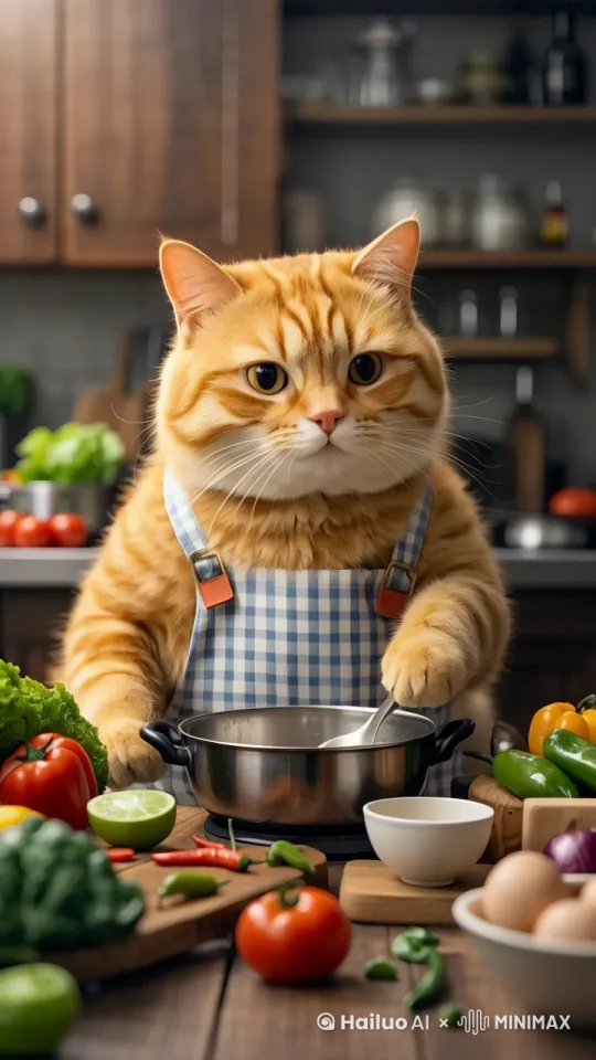 大花猫在做饭嘴巴在动 类似在说话 手在搅动锅 by Hailuo AI Video Generator