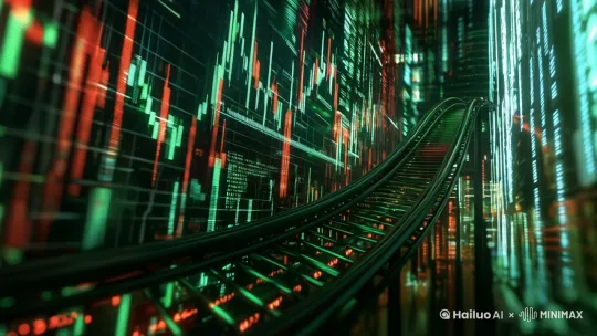 一辆过山车飞快的穿过，背景的K线图不断的跳动 by Hailuo AI Video Generator