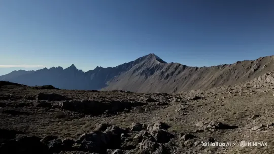 画面出现群山山腰部位，[推进,上升]，镜头上升至山顶，一架直升机飞入镜头中，向远方飞去 by Hailuo AI Video Generator