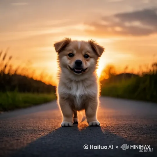 夕阳余晖洒满大地，一只笑容满面的小狗在温暖的橙色天幕下欢快奔跑于乡间小路。小狗毛发金黄蓬松，随风轻扬，展现出活力与自由。背景中，太阳正缓缓沉入地平线，将天空染成一片绚丽的橙红。道路两旁，模糊的草地延伸至远方，增添了几分田园诗意。动态捕捉，低角度拍摄，强调小狗的快乐奔跑姿态。近景，夕阳下的快乐瞬间。 by Hailuo AI Video Generator