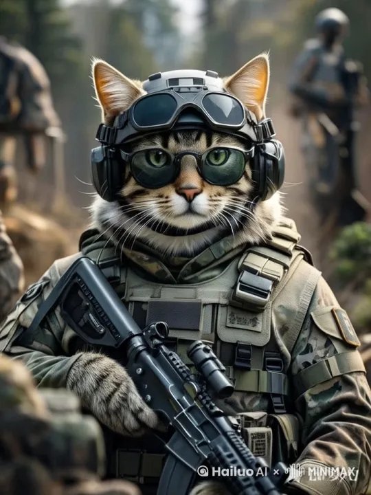 **视频提示词（英文版）:**  
"Intense close-up of masked rottweiler insurgent in tactical harness, glowing red eyes peering through torn balaclava, AK-47 muzzle flare illuminating corroded chemical tanks. Tabby commando cat's pupils dilate violently, tactical tail whips for balance as explosive backflip dodges incoming tracer rounds. Sparks erupt from bullet impacts on collapsed conveyor belts, shredded insulation foam snowing through spotlights. Cat's augmented claw gauntlets deploy grappling hook to swing behind shattered control console, thermal vision overlay revealing enemy's heat signature through smoke. Slow-motion capture of ejected shell casings tumbling past cat's twitching whiskers, subsonic growl reverberating through broken ventilation ducts. Dynamic camera angles alternating between dog's chaotic full-auto spray and cat's calculated nano-drones deployment from backpack module. Cinematic chromatic aberration effect with gunfire strobe lighting, 8K macro details showing individual fur strands standing erect from adrenaline surge"

**视频提示词（中文版）:**  
"蒙面罗威纳犬恐怖分子特写，战术背心配红色夜光绑带，残破面罩下露出机械义眼红光，AK-47枪口焰瞬间照亮猫科瞳孔剧烈收缩。虎斑特战猫后颈毛发炸起，战术腰带弹出电磁干扰器，旋身后空翻躲过扫射的曳光弹，子弹击中生锈氯气罐迸射蓝绿色火花。猫尾液压平衡系统高速运作，肉垫触发地板暗格滑入地下管道，爪套探出光纤窥镜扫描上方敌情。慢镜头展现弹壳擦过颤动的胡须，子母弹头在冷凝水滩炸出环状波纹。狗战士的改造枪械露出过载散热孔，猫耳战术雷达浮现全息威胁矢量线。动态运镜穿插双方视角：狗爪扣动扳机震落天花板铁锈 vs 猫爪激活电子诱饵生成全息分身。青紫色枪焰与应急灯形成干涉光晕，弹道灼痕在猫的纳米护甲留下渐变烧蚀纹路"

**战术升级元素:**  
1. **对抗动态设计**  
- 弹道可视化系统（猫眼虹膜显示弹道预测网格）  
- 物种特化闪避动作（猫式椎骨爆发出270°扭转规避）  
- 环境武器化（勾爪拉倒生锈铁架制造掩体）  

2. **智能装备响应**  
- 应激性装甲变形（肩甲弹出防破片链甲覆盖颈部）  
- 武器智能反制（步枪自动切换EMP弹应对机械义眼）  
- 生物信号抑制（皮毛纳米纤维激活光学迷彩颤动）  

3. **环境破坏系统**  
- 流体动力学模拟（子弹击穿腐锈油桶引发粘稠液体缓流）  
- 结构性崩塌（持续扫射导致腐朽钢梁坠落连锁反应）  
- 化学残留特效（弹头引燃残留化学品产生磷火飘散）  

**新增动作指令词:**  
"bullet time rotation with extending claw grapple",  
"whisker-triggered danger预警系统启动",  
"adaptive camouflage rippling during sprint",  
"sonic boom from near-miss ricochet",  
"biomechanical muscle fiber tension visible through torn uniform" by Hailuo AI Video Generator
