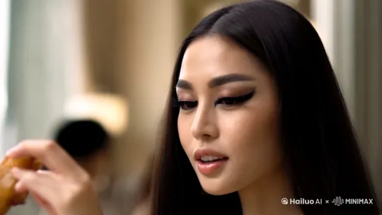一个美女
倾城容颜爱臭美
眼线画歪变张飞
自拍半天找角度
吃货属性藏不住
狂啃鸡腿说减肥[左移,右摇,拉远] by Hailuo AI Video Generator